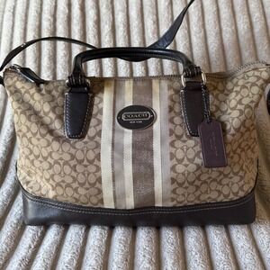 Coach Legacy Signature Stripe Satchel Khaki Mahogany Canvas Leather Handbag